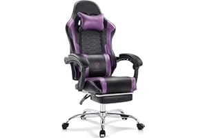 Morkprism Gaming Chair,Computer Office Chair with Footrest,Massage Lumbar Support and Gel Pad,Ergonomic Reclining Adjustable Leather Gamer Chair with Headrest and Spring Cushion Purple