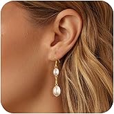 LANCHARMED 14K Gold Pearl Dangle Earrings for Women,925 Sterling Silver Double Pearl Drop Earrings,Leverback Irregular Pearl Hypoallergenic Earrings