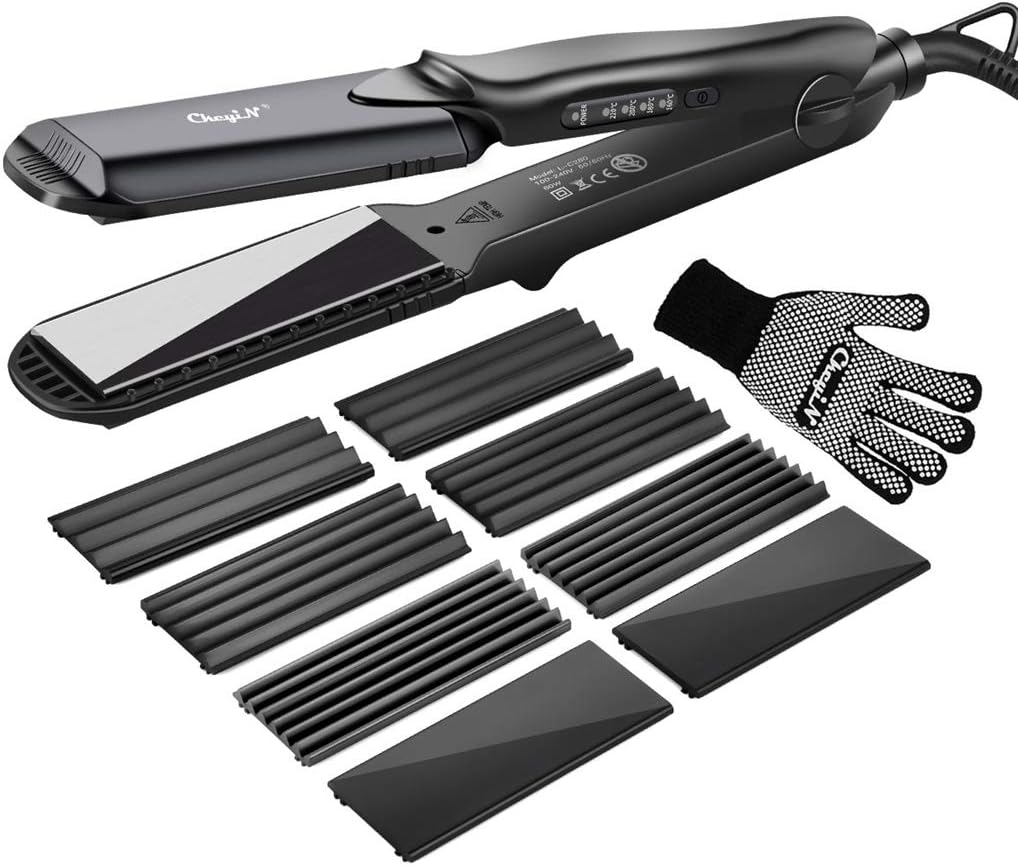 Hair Crimper, inkint Crimping Irons Hair Wavers Hair Straighteners with 4 Interchangeable Tourmaline Ceramic Plate Adjustable Temperature for All Hair Types