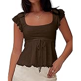 BAIGRAM Women Floral Flowy Babydoll Peplum Tops Y2K Cap Sleeve Ruffle Tank Square Neck Lace Up Layered Crop Shirt Going Out