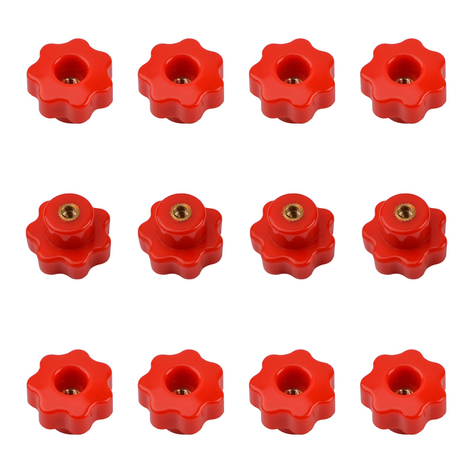 MOROBOR M4 Through Hole Knob 12pcs Red Plastic Through Hole Set Brass Female Threaded Nut, Star Shape Hand Knobs Red Plastic Screw-On Handle Clamping Knob for Mechanical Equipment