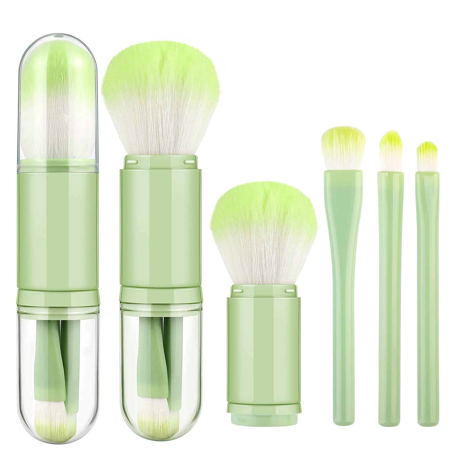Makeup Brushes Set,4 in 1 Retractable Make up Brushes Set with Holder, Portable Face Powder Eyeshadow Brushes Small Multifunctional Travel Cosmetic Brushes (Green)