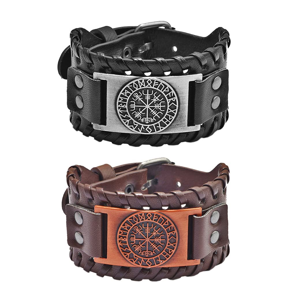 Borsgye 2PC Viking PU Leather Bracelet Mens Leather Cuff Bracelet Wide Leather Weave Bracelet Braided Medieval Bracelets Hip Hop Stainless Steel Bracelets - Compass