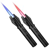 2 Pack Mini Torch Lighter Red/Blue Straight Flame Small Refillable Butane Lighter Pocket Windproof Jet Flame with Visual Window for Survival Camping Candles Fireplace BBQ Gift, 5" (Without Fuel)