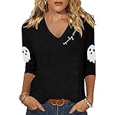 Casual 3/4 Sleeve V Neck Shirt for Women Funny Holiday Graphic Tee Fall Winter Loose Fit Tops