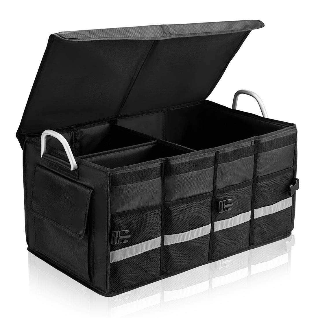 i BKGOO Car Trunk Organizer,Heavy Duty Collapsible Car Cube Storage Boxes with Lid,Foldable Cover,Car Cargo Trunk Storage Organizer Black