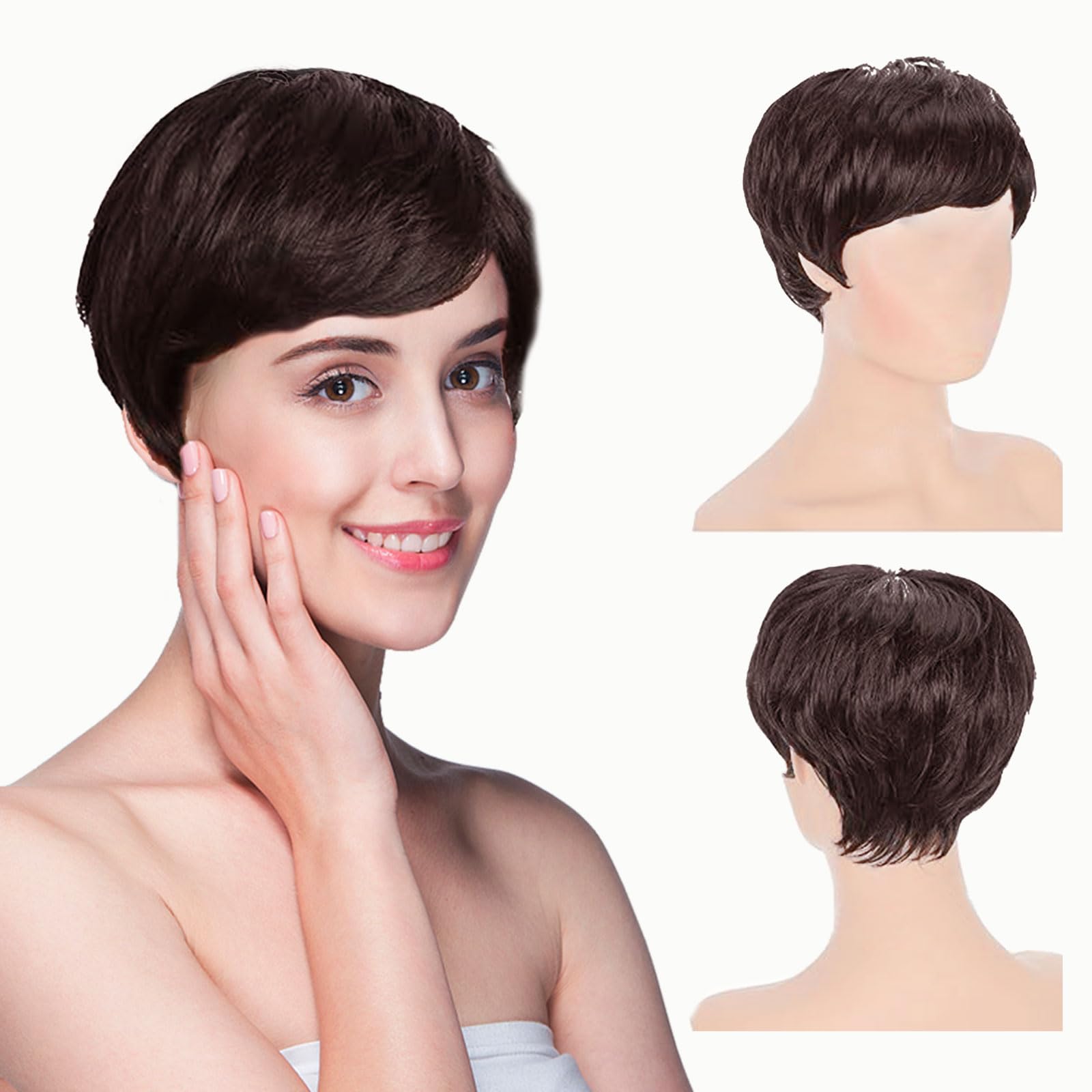 EUPSIIU Short Drak Brown Hair Wigs for Women, Cut Wigs for Women Natural Looking Wig With Bangs Hair Wig for Daily Party Cosplay Use (Brown)