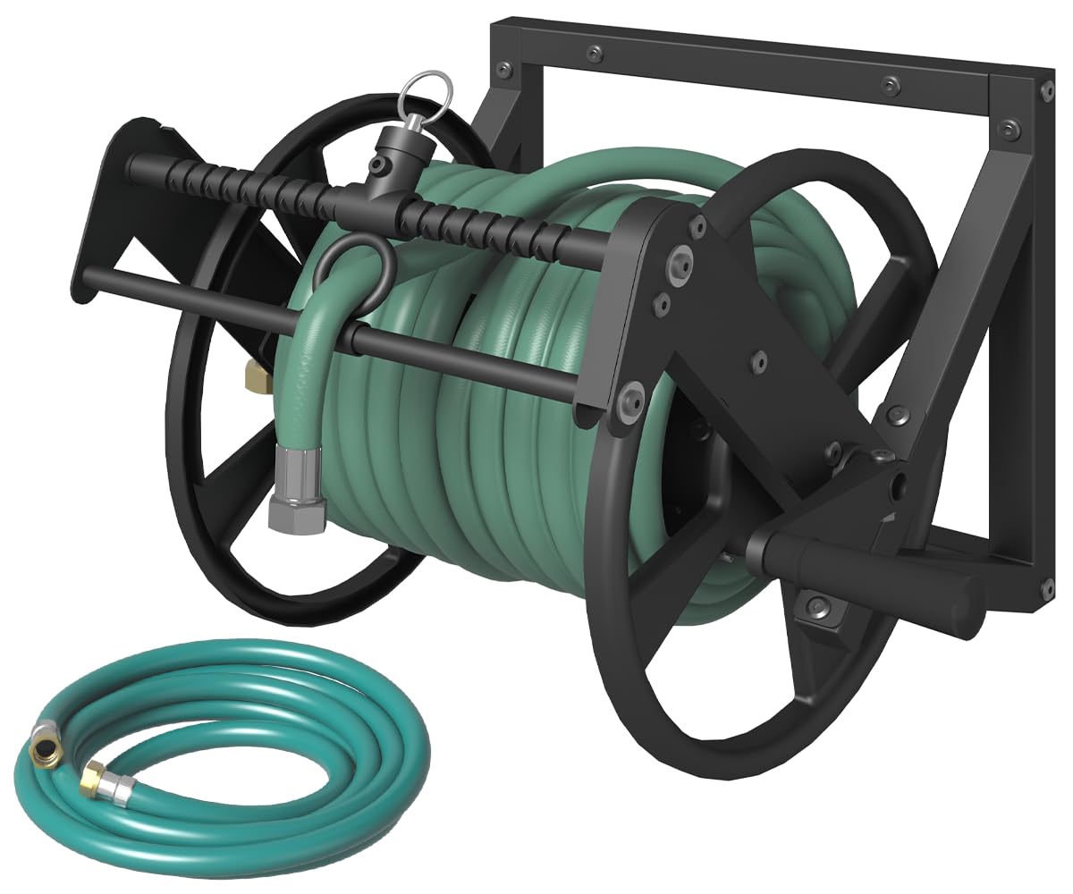 Photo 1 of *MISSING PIECES** Artigarden Wall Mounted Reciprocating Garden Hose Reel with Hose Guide, Outdoor Heavy Duty Metal Water Hose Holder Storage Rack Holds 125ft of 5/8'' Hose with Brass Fitting & 3.9ft Leader Hose, Black