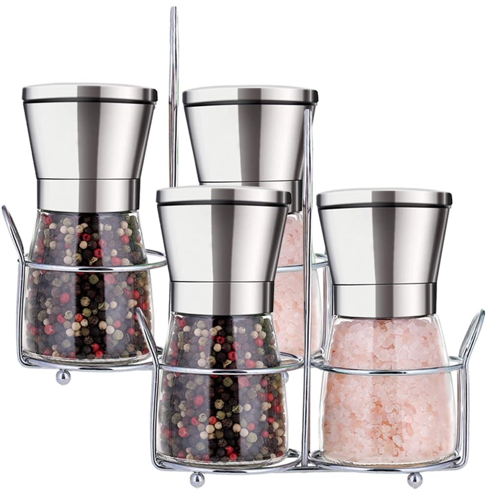 Bugucat Salt and Pepper Mill 4pcs, Stainless Steel Spice Mill with Adjustable Ceramic Grinder, Chili Mill, Refillable Salt Mill & Pepper Shaker, Empty Ceramic Mill, Pepper, Chili