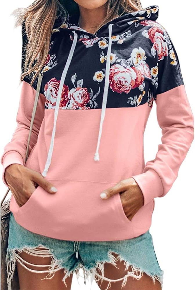 Womens Floral Printed Hoodies Color Block Sweatshirt Casual Long Sleeve