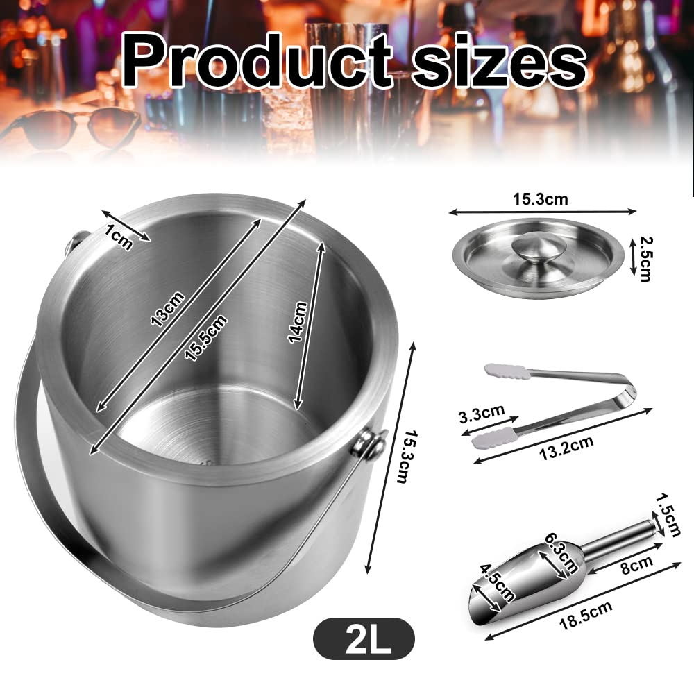 SCHYIDA Eiswürfelbehälter 2L, Eiswürfel Behältnis mit Deckel Eisbehälter Edelstahl 15.5cm * 15.2cm Eiskübel Metall Eiseimer mit Zange und Eisschaufel Eiskühler Weinkühler Sektkühler für Party, BBQ 2