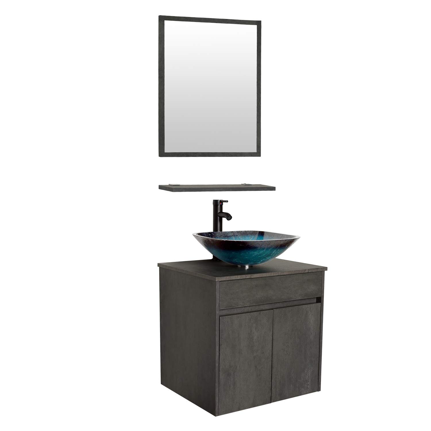 Eclife 24 Bathroom Vanity Sink Combo Wall Mounted Concrete Grey Cabinet Vanity Set Round Clear Tempered Glass Vessel Sink Top A16e03cc Pop Up Drain Mirror W Chrome Faucet Bathroom Vanities Tools