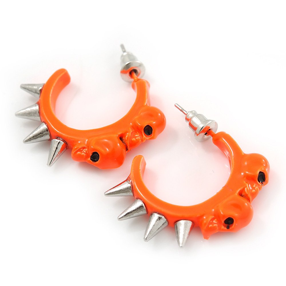 Teen Skulls and Spikes Small Hoop Earrings in Neon Orange (Silver Tone) - 30mm Width