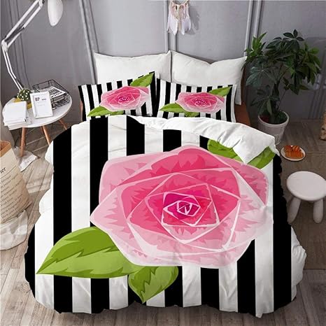 Amazon 掛布団カバーセミダブル1枚 枕カバー2枚 布団カバー 4点セット 吸湿通気 ピンクのバラのつぼみのイラスト オールシーズン ピーチスキン加工 カワイイ 寝具カバーセット 寝具カバー セット ホテル仕様 オシャレ 四季適用 強い暖かさ 寝具カバーセット