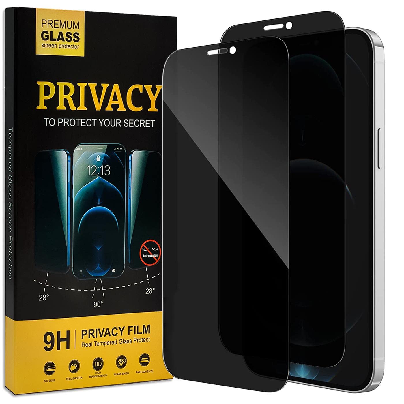 Verco Full Screen Privacy Tempered Glass Screen Protector for iPhone 12 Pro Max, Armored Protection Anti-Spy Phone Protector, 2 Pack