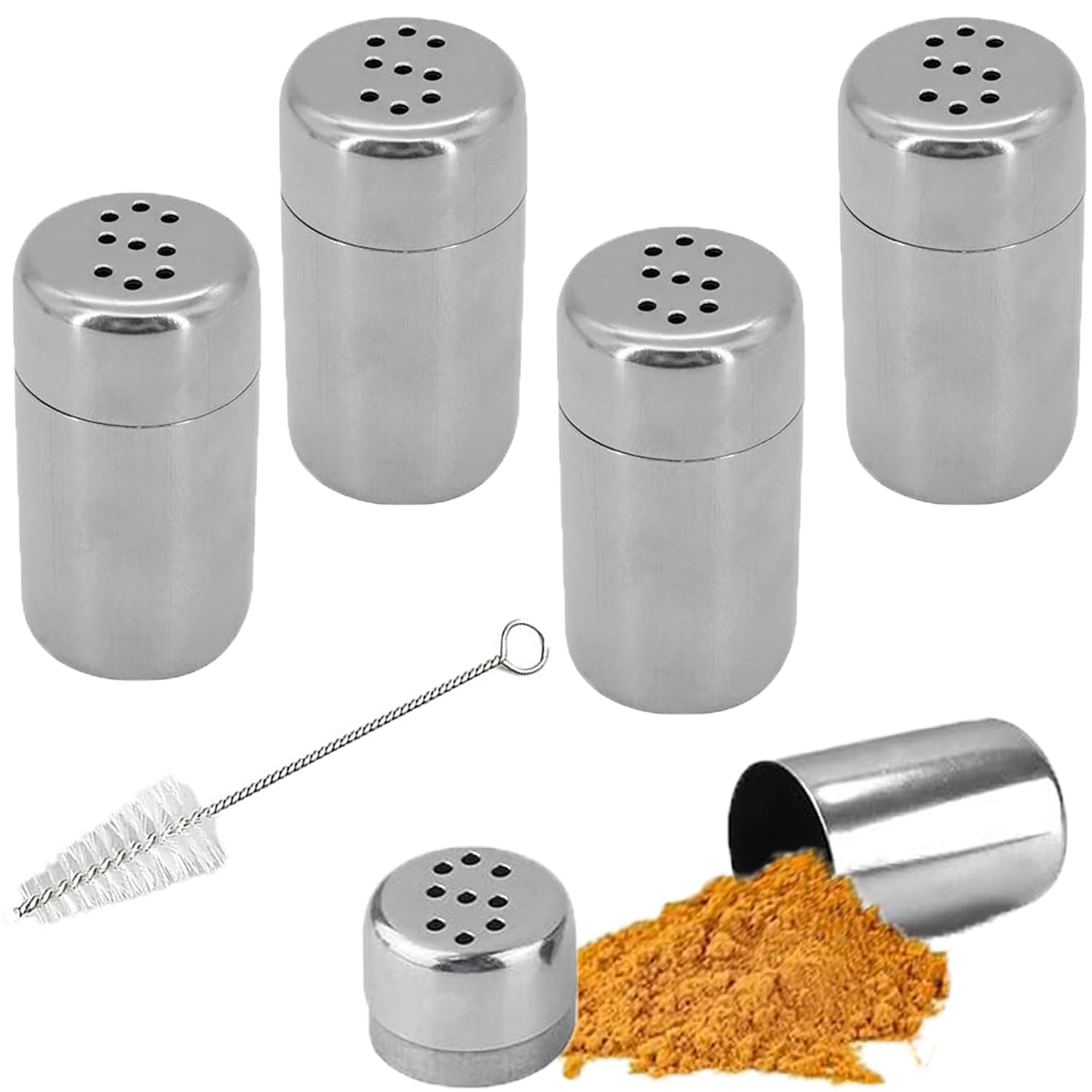 RXKFIGX 4 PCS Mini Salt and Pepper Shakers Set, Stainless Steel Small Spice Shakers, Portable Sugar Shakers with Cleaning Brush for Home Kitchen Camping Restaurant Sugar Salt Flour Pepper Spice