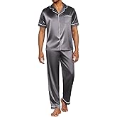 Ekouaer Mens Satin Pajama Set Short Sleeve Button Down Sleepwear Classic Loungewear Set with Long Pants