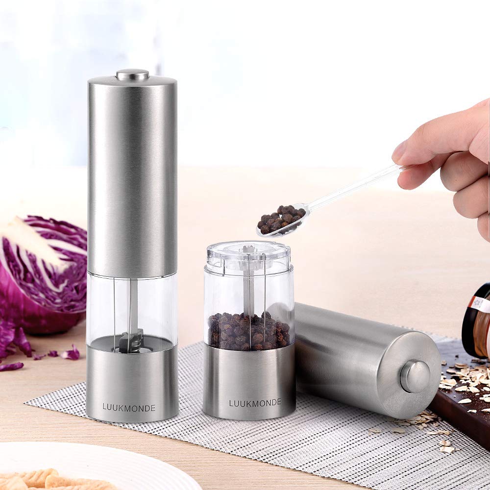 Electric Salt and Pepper Grinder Set Dual Spice Stainless Steel Mill Automatic User Friendly Button Adjustable Coarseness LED Light & See-Through Design Battery Operated by LUUKMONDE(Pack of 2)