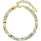 NVWAROCK Beaded Bracelet for Women and Girl, Colorful Beach Boho Gems Bracelet 14K Gold Plated Stackable Handmade Bohemian Multicolor Natural Stone Bracelet