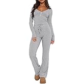 ForeFair Womens Knit Ribbed 2 Piece Pajama Set Long Sleeve Button Crop Top And Flare Long Pants Sleepwear PJ Set