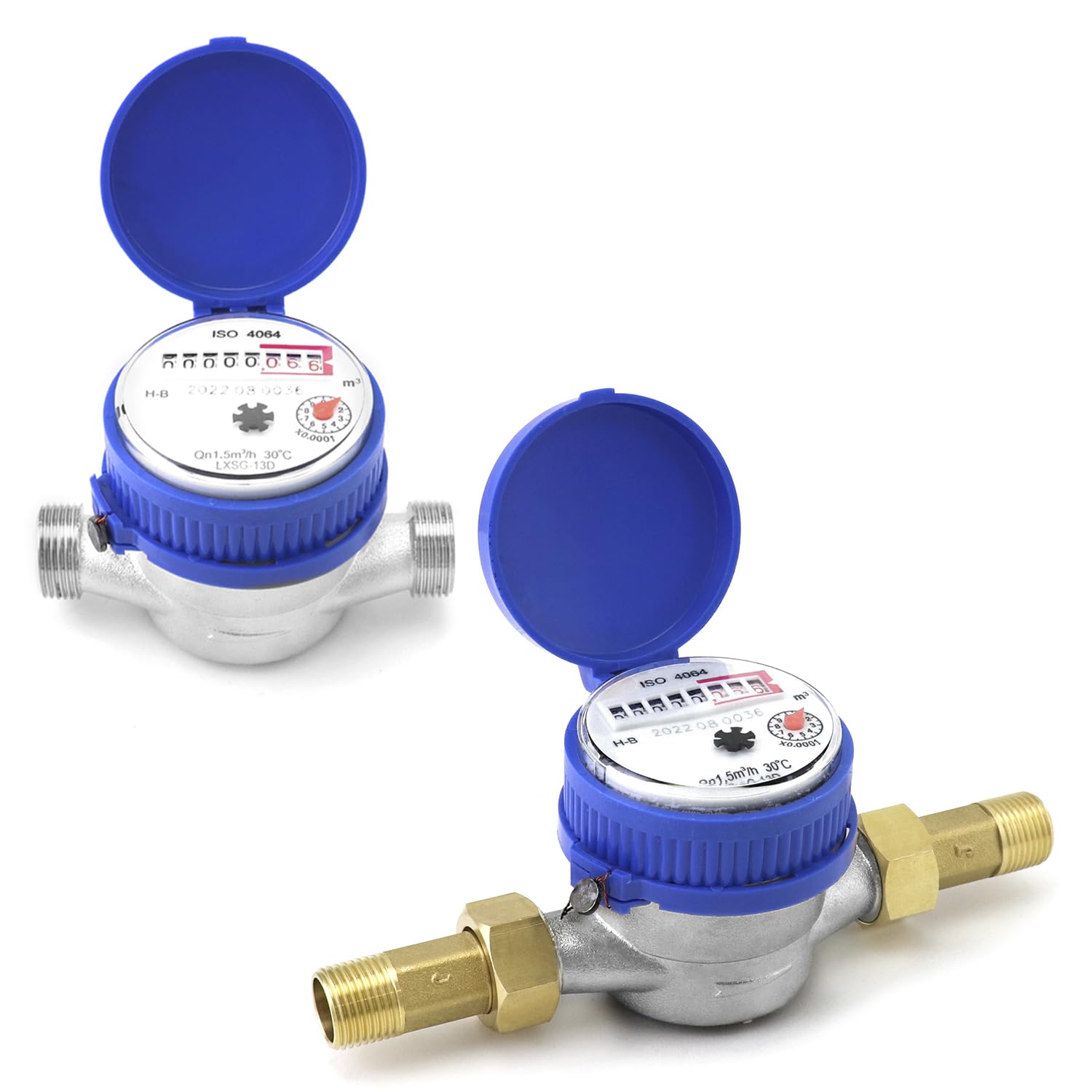 Photo 1 of QWORK Water Meter, 2 Pack 1/2" NPT 304 Stainless Steel Cold Water Flow Meter with Pulse Output, for Garden and Home Use, with 2 pcs 1/2"NPT Thread Adapter