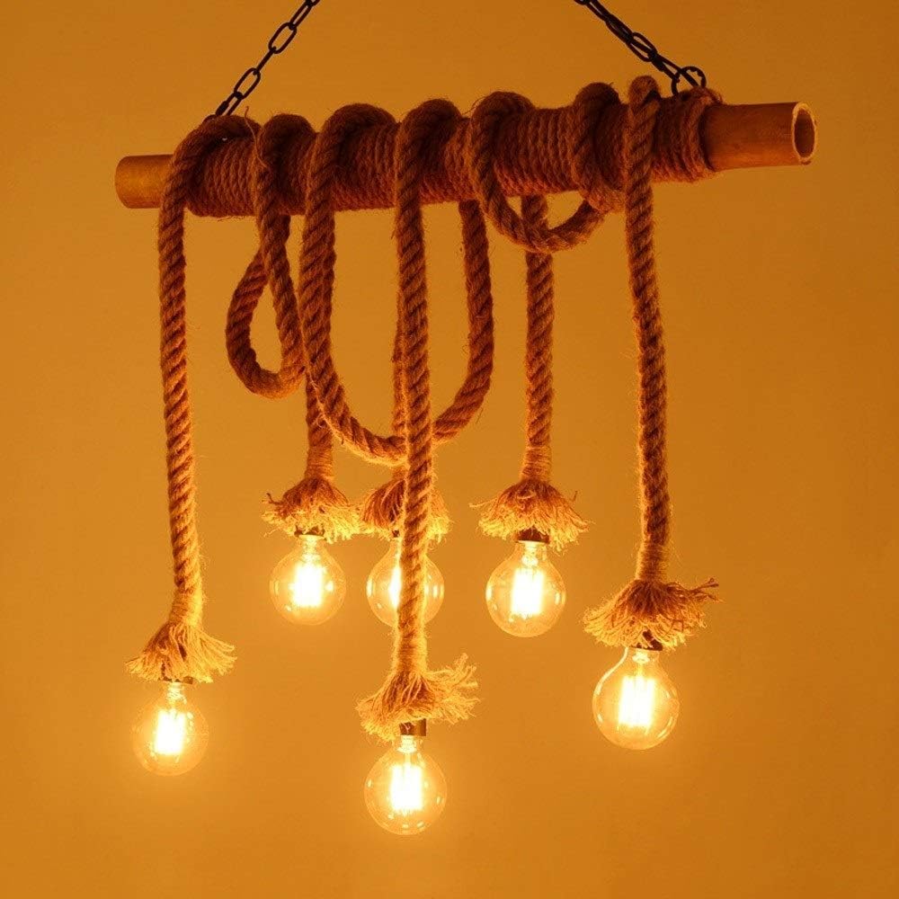 6 luces E27 American Country Retro Candelabro de cuerda de cáñamo