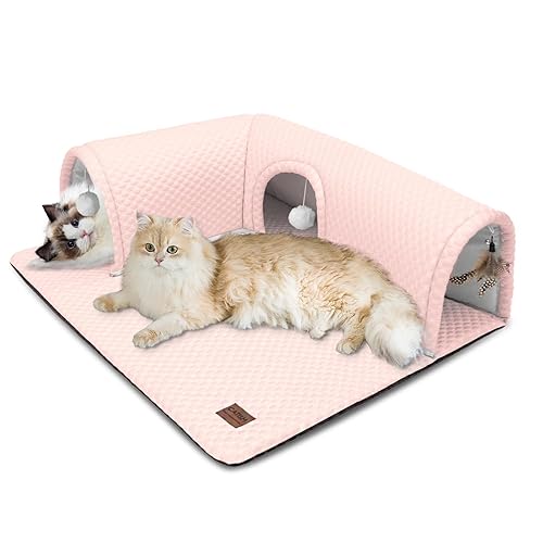 CATISM Cat Bed with Tunnel - Cat Tunnels for Indoor Cats 3-Way Ports 3 Toys, Detachable Rug, Soft Tunnel, Large Cave, Non-Slip Bottom Carpet, Tube Bed for Kitten Ferrets Small Animals (Pink)