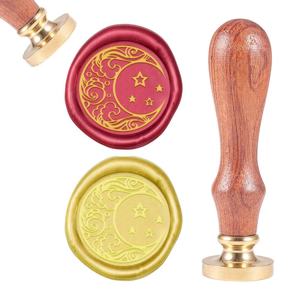 CRASPIRE Wax Seal Stamp Moon Star Sealing Wax Golden Wax Seal 25mm Removable Brass Head Natural Wood Handle for Envelope Invitation Wedding Embellishment Gift Package Decoration