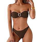 Fanuerg Women's Strapless Bandeau Bikini Sets Ring Tie Back Two Piece Swimsuit High Cut Cheeky Bathing Suits
