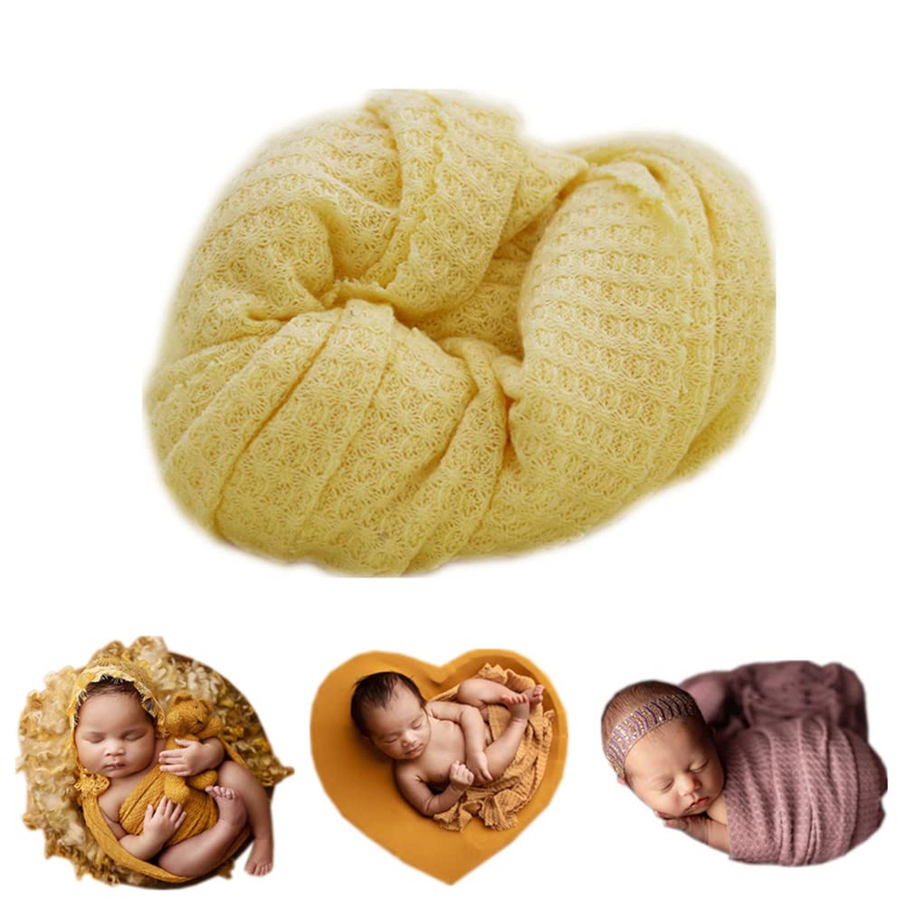 Photo 1 of Newborn Photography Props Blanket Wrap Soft Knitted Stretch Baby Boys Girls Photoshoot Prop Cloth (Light Yellow)