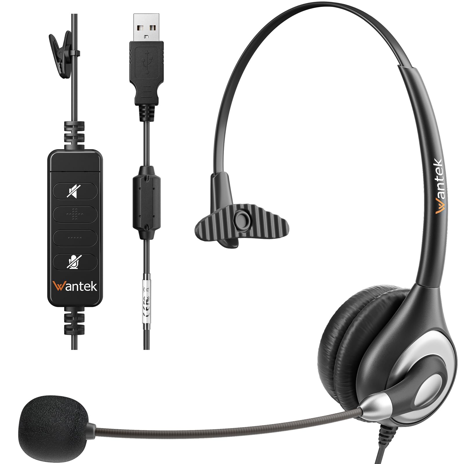 Wantek USB Headset with Microphone Noise Cancelling & Audio Controls, Business PC Headsets for Computer Laptop, USB Headphone for Home Office Call Center Skype Zoom Webinar, Clear Chat, Super Light