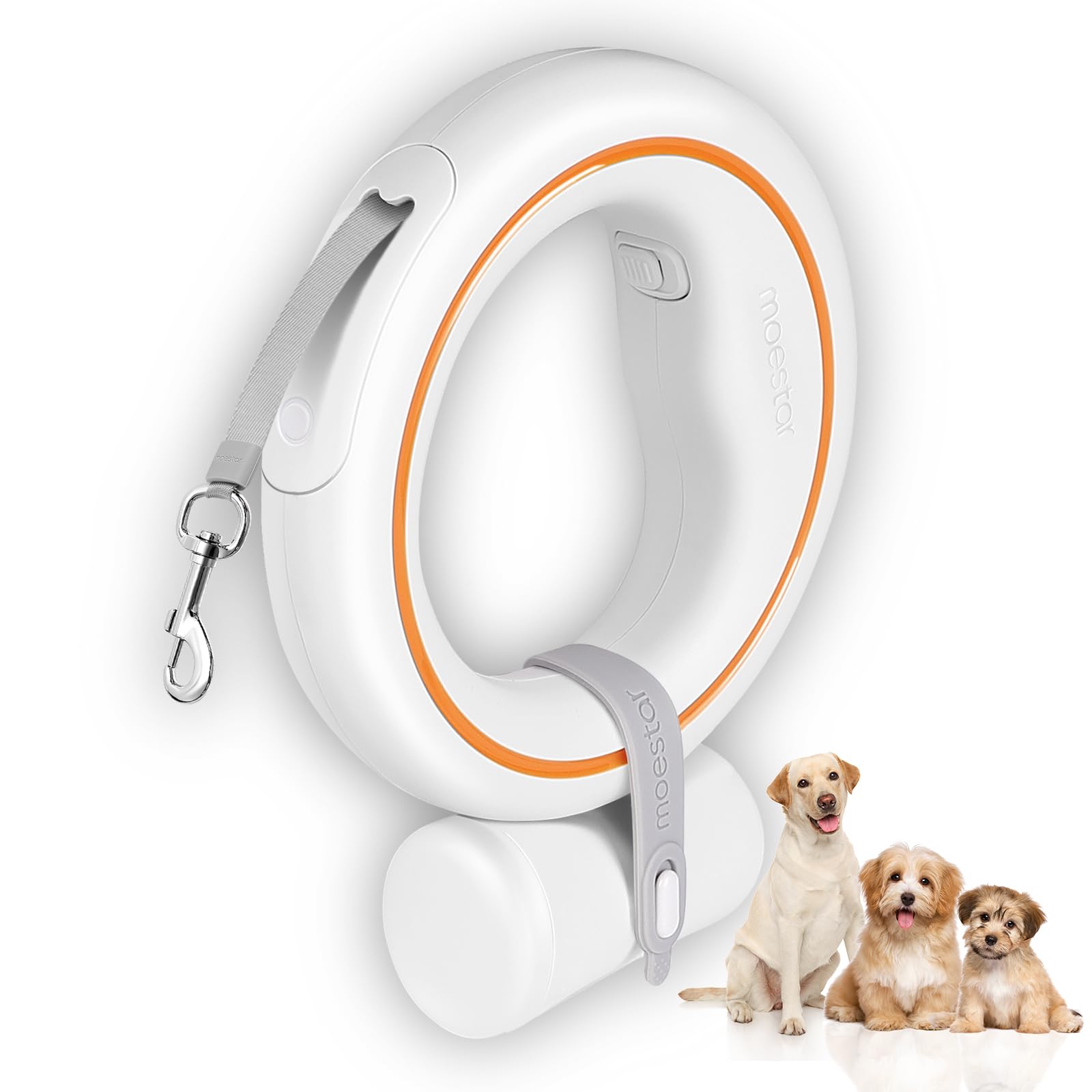moestar Retractable Dog Lead Hands Free Dog Lead Extendable 360° Tangle Free Roller Lead with Dog Waste Bag Holder 3 m / 10 ft for Medium Small Dogs (Orange)
