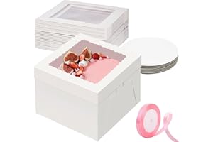 NIKONIKO 8x8x8 inch Cake Box, 10pcs Bakery Boxes with Window and 10pcs Boards, White Cookie Boxes, Disposable Cake Containers