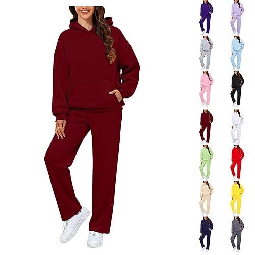 Cocila Tracksuit Womens Full Set, Womens 2 Piece Outfits Lounge Hoodie Sweatsuit Sets Oversized Sweatshirt Baggy Fall Comfy Sweatpants with Pockets Plus Size Wine S