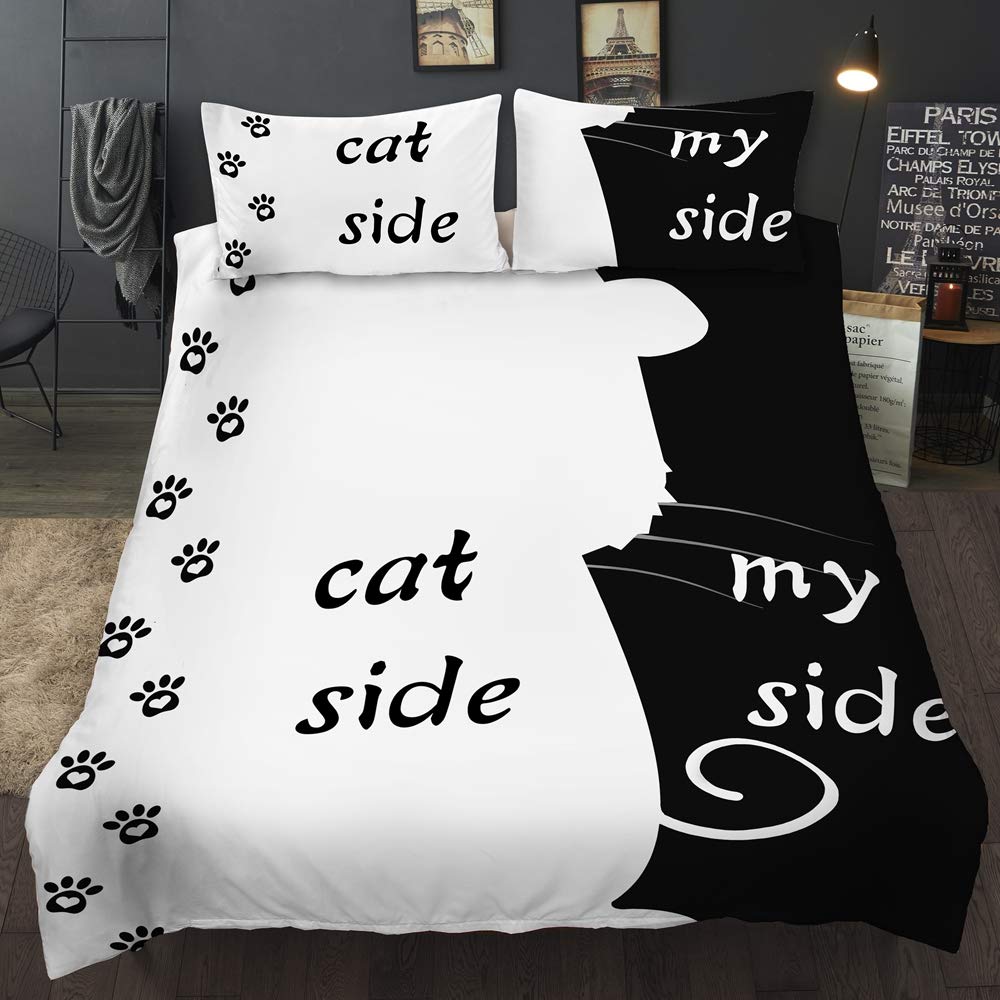 AOXHFNV Bed Linen Set from the Black and White Series Dog Side and My Side Motif Duvet Cover Couple Bedding Set Black White Double Bed (220×240cm, Cat Side)