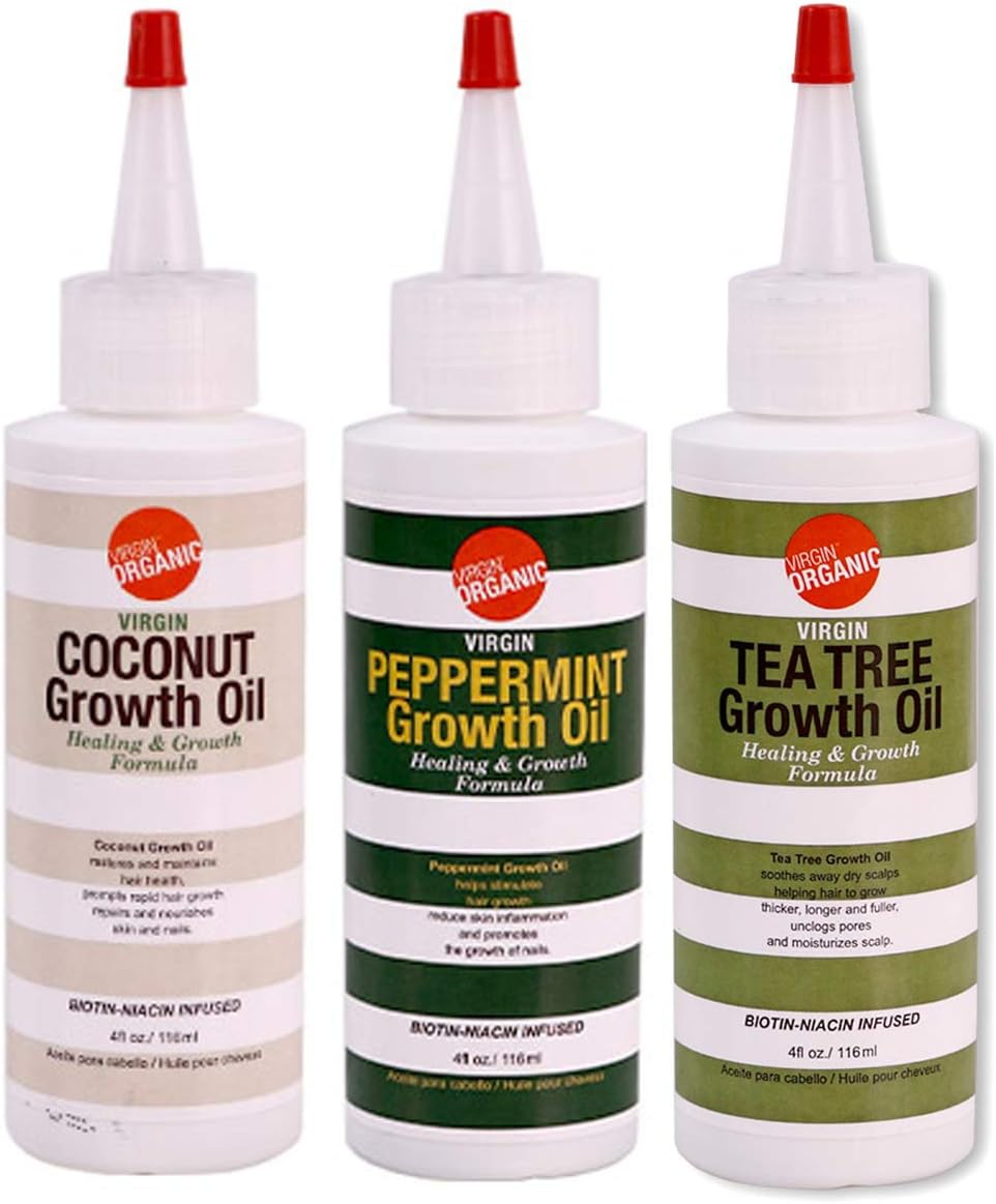 (3-in-one) VIRGIN ORGANIC Virgin Growth Oil Healing & Growth Fromula 4oz (Coconut, Peppermint, Tea Tree)