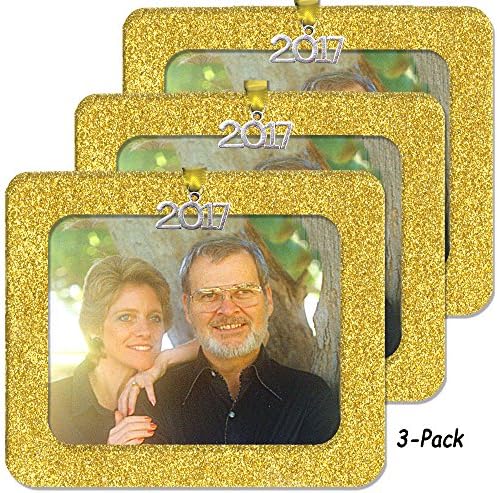 2020 Magnetic Glitter Christmas Photo Frame Ornament with Non Glare Photo Protector, Horizontal - Bright Yellow Gold, 3-Pack