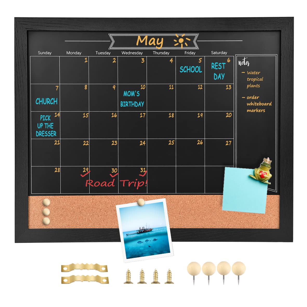 Umtiti Chalkboard Calendar and Bulletin Combo Board. Black Solid Wood Frame，Magnetic Surface Chalkboard.Perfect for Office, Home School Message Board,BK-3343A