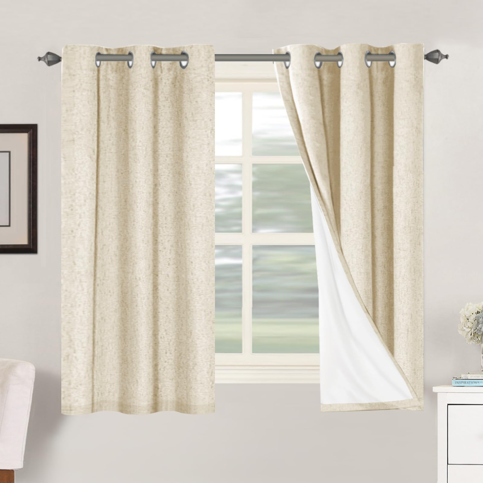 BellaHills 100% Blackout Curtains Faux Linen Eyelet Curtains for Bedroom Living Room Thermal Insulated Burlap Eyelet Curtain & Drapes 2 Panels, 46 x 54 Inch, Bleached Sand