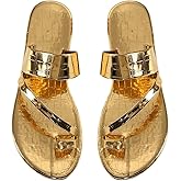 OYOANGLE Women's Metallic Leather Toe Ring Slide Sandals Comfortable Dressy Slip on Flat Sandal