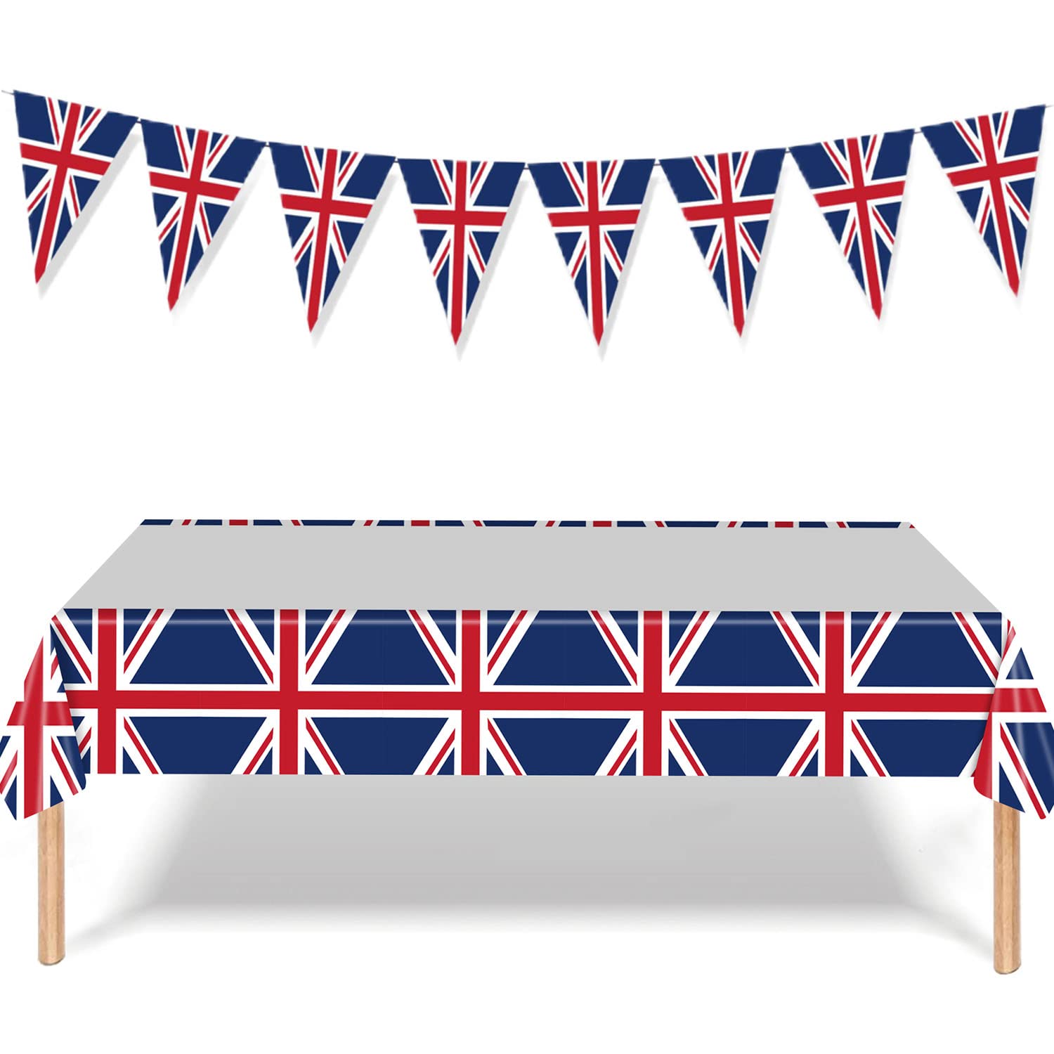 220*130cm Union Jack Table Covers With 2.5Meters Triangle Flags Banner King Charles III Decorations Union Jack Bunting Party Plastic Tablecloth,GB UK Tablecover for Street Party National Throne Events