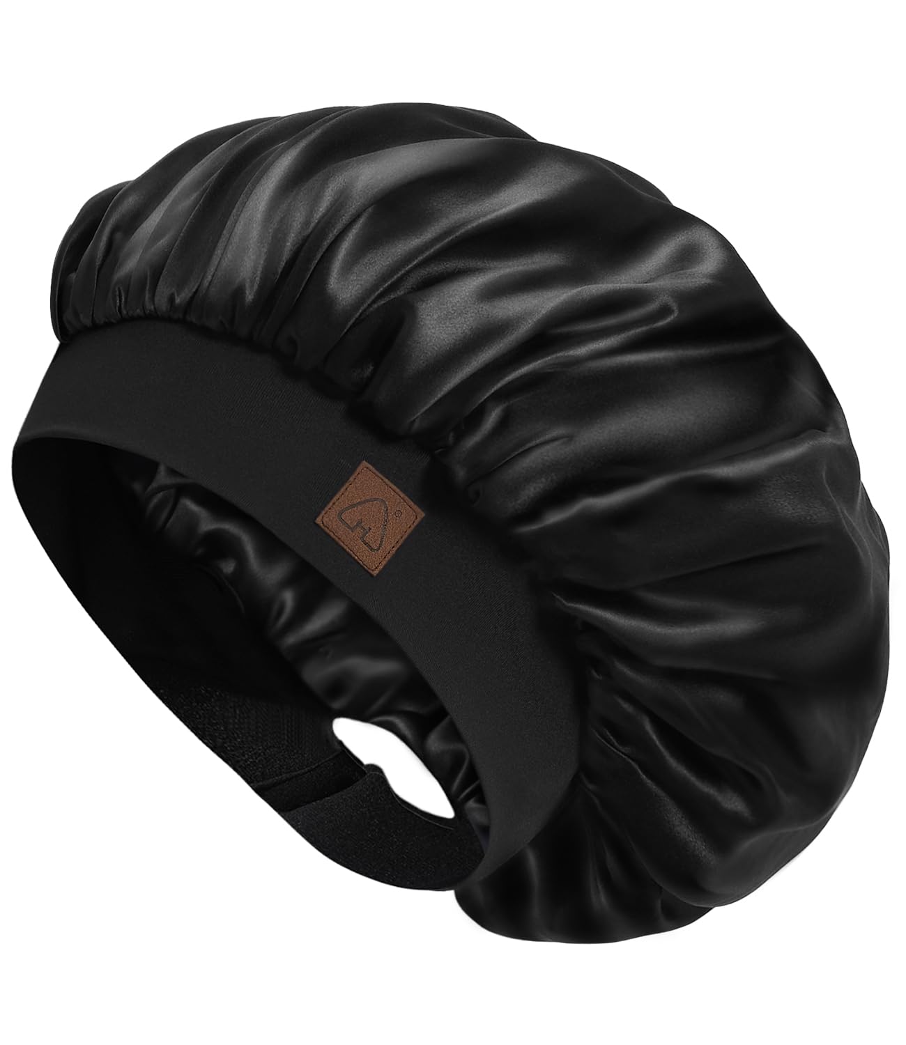 Hat Hut Satin Sleep Cap for Women - Silk Hair Bonnet for Curly Hair - Adjustable Wide Band Double Layer (A01-Black)