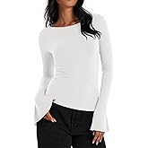 Cicy Bell Womens Long Bell Sleeve Tops Boat Neck Going Out Fitted Shirts Trendy Casual Basic Tees White
