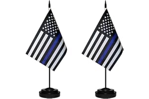 TIBIJOY Thin Blue Line American USA Desk Flag,Small Mini Police Flag Law Enforcement Officers Table Flags With Stand Base,Miniature Thin Blue Line Deluxe Desktop Flag,Police Celebration Event,Home Desk
