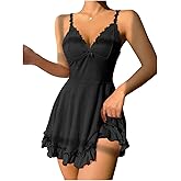 SHENHE Women's Cute Cherry Print Lace Trim Ruffle Hem Sleeveless Nightgown Chemise