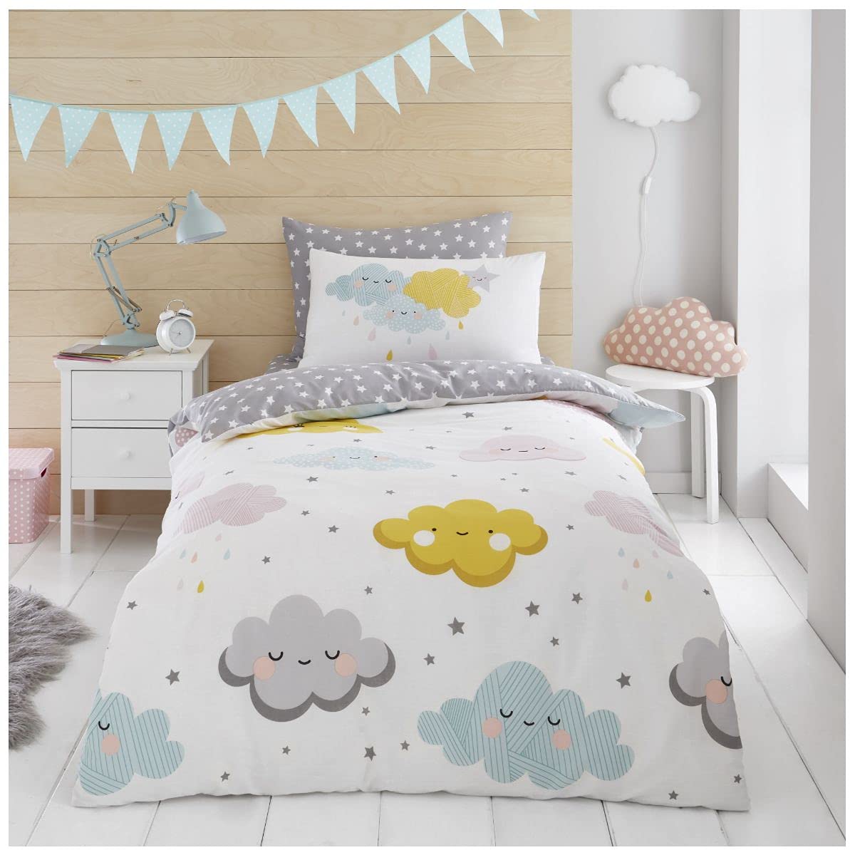 GC GAVENO CAVAILIA Easycare Happy Clouds Fitted Sheet Set OR Smiley Faces Duvet Cover OR Kids Choice Star Curtains, Polycotton, Multi, Single