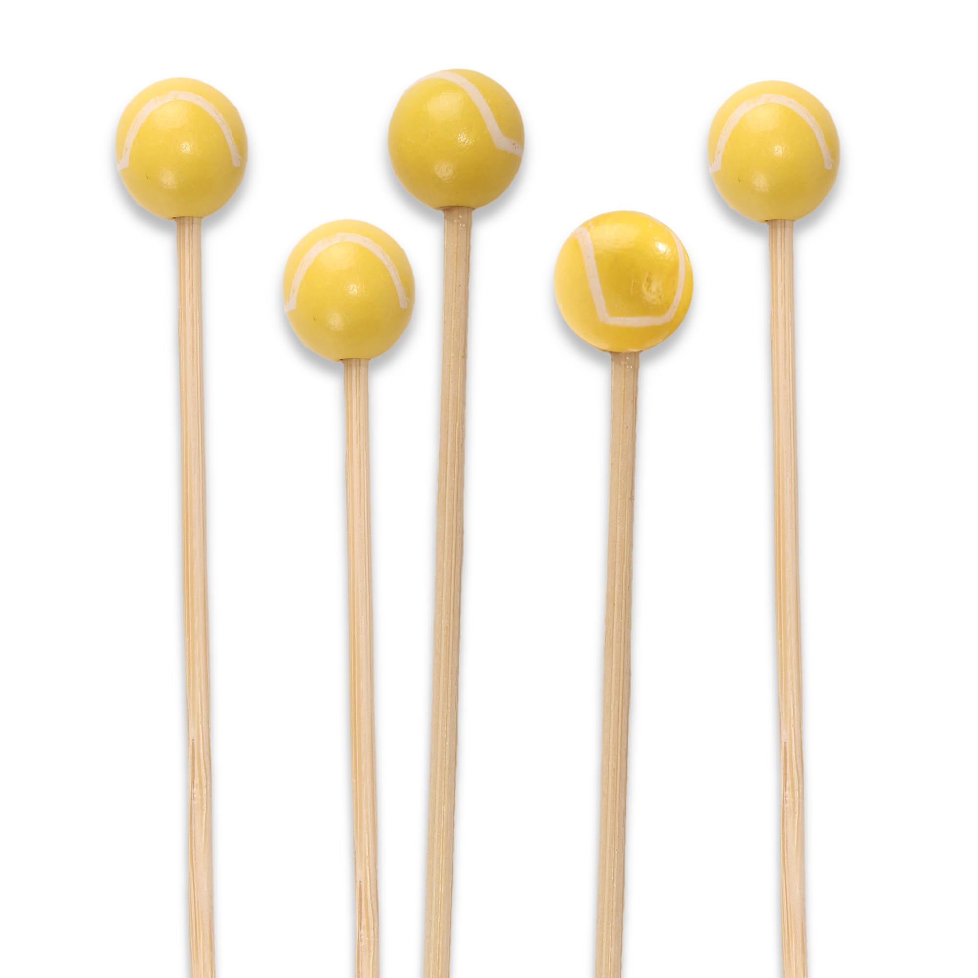 BambooMN 3.9" (10cm) Decorative Sports Ball End Bamboo Cocktail Fruit Sandwich Picks Skewers for Catered Events, Holiday's, Restaurants or Buffets Party Supplies, Tennis, 100 pcs