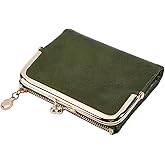 MAYJOYDIY Bifold Leather Wallet Vintage Small Wallet for Women Blocking Compact Wallets Mini Leather Cash Wallets Ladies Coin Purse with Zipper and Kiss Lock, Green