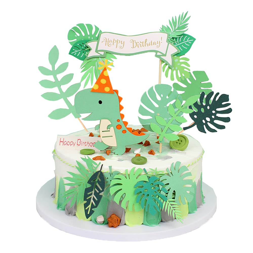 ENYACOS Green Dinosaur Birthday Cake Toppers Set Green Leaf Happy Birthday Cake Banner Dinosaur Theme Birthday Cake Decorations for Boy Girl Babyshower Dinosaur Theme Kid's Birthday Cake Topper (AA)