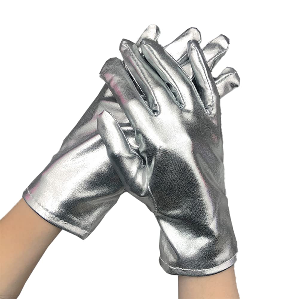 Short Gloves for Women, Metallic Glitter Gloves Shine 23 cm Accessories Gloves Princess Show Dancer Flapper Girl Diva Evening Dress Costume Carnival Stag Party Dance Show Silver